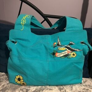 Ed Hardy Teal Canvas Tote with Swallow and Floral Artwork